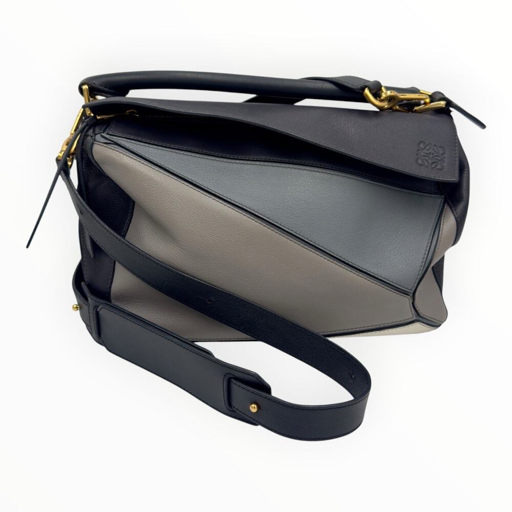 Puzzle Medium Leather Bag Black Gray Top Handle Crossbody Gold HW